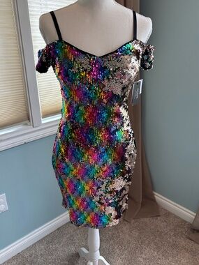 Guess Sequin Off-Shoulder Rainbow Party Dress